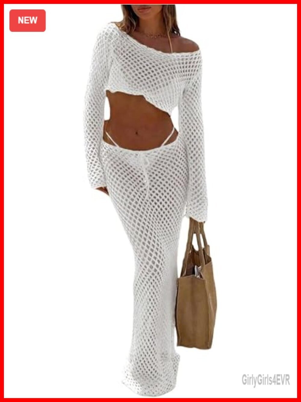 2 Piece Crochet Swim Cover Up Set Long Sleeve Crop Top Maxi Skirt Beach Outfits